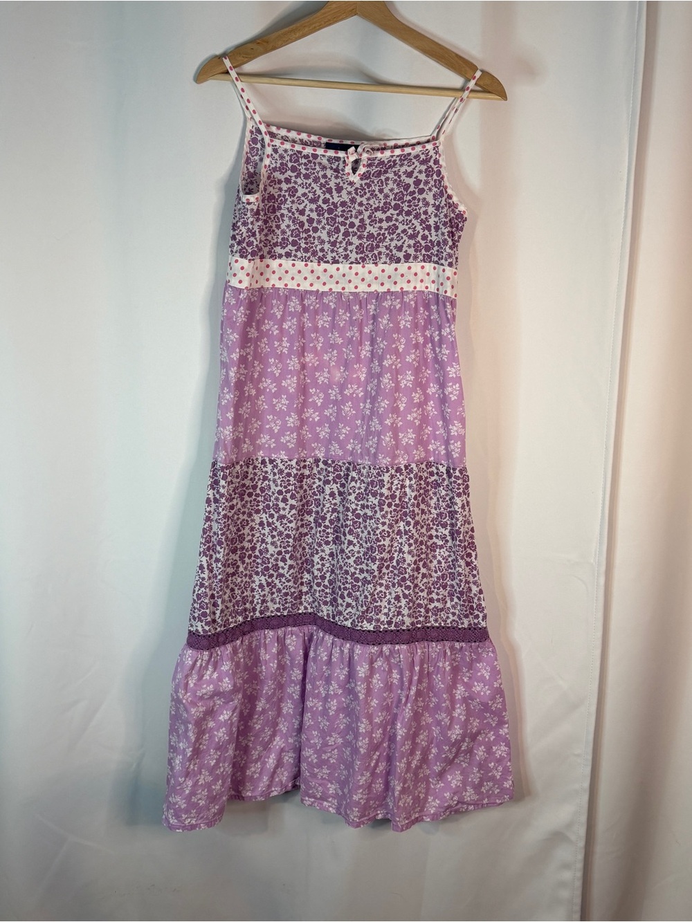 Vintage Mini Boden Lavender Floral Tiered Dress with Polka-Dot Waistband